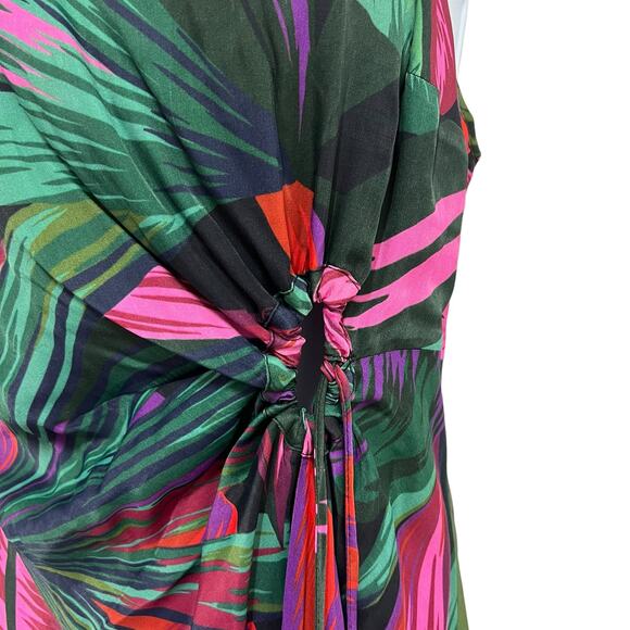 Farm Rio Midnight Leaves Tank Midi Dress Green Pink Tropical Cut Out Tie Waist M - Picture 4 of 14